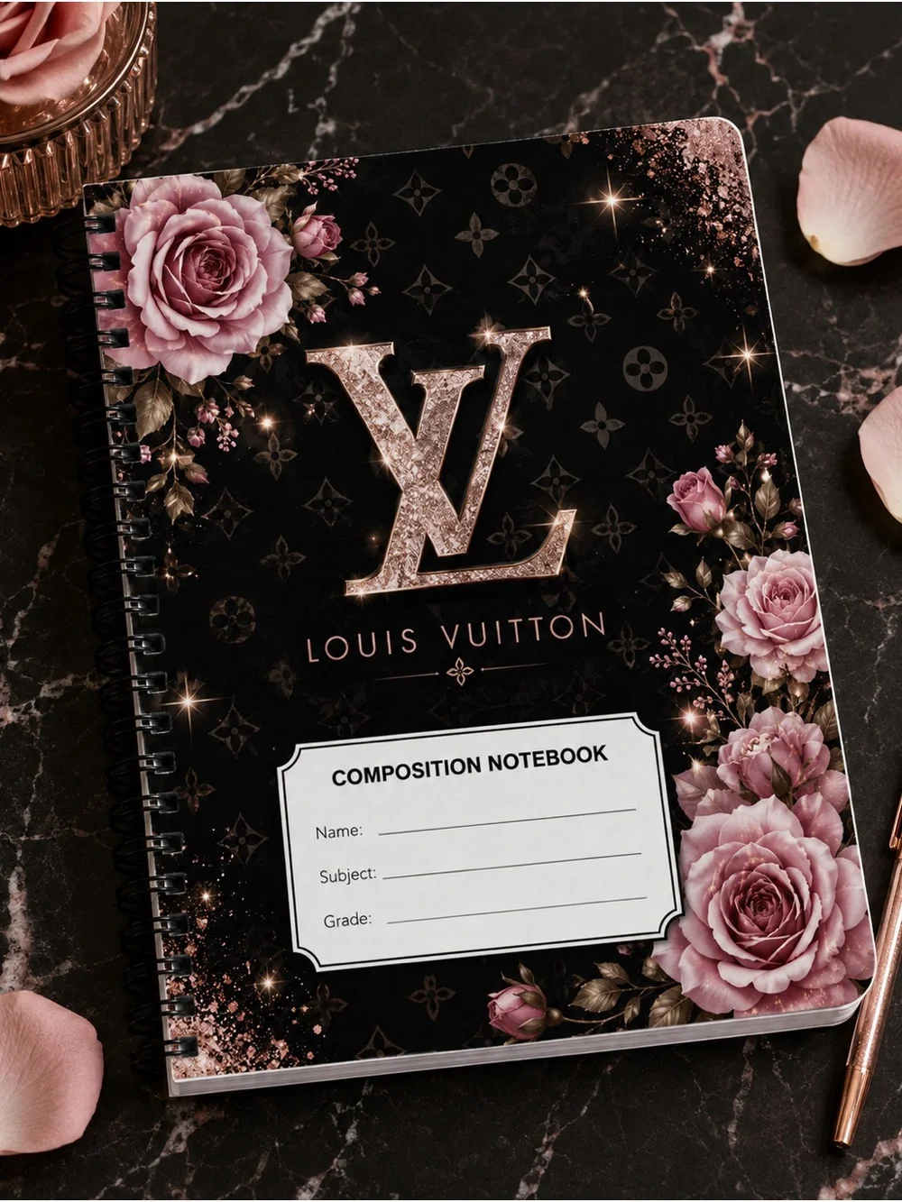 Louis Vuitton Black Notebook with Pink Floral Accents